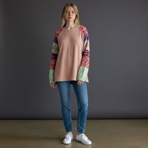 Easel Los Angeles Fair Isle Raglan Sleeve Knit Top Tan Multi ET14626 Large